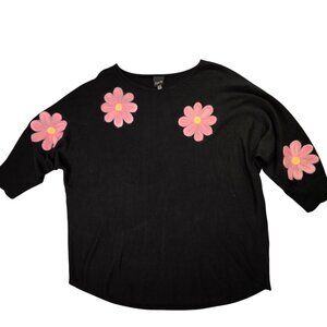 Aaeda Sweater Womens 1X Black Pink Daisy Embroidered 3/4 Sleeve Dolman Hippie